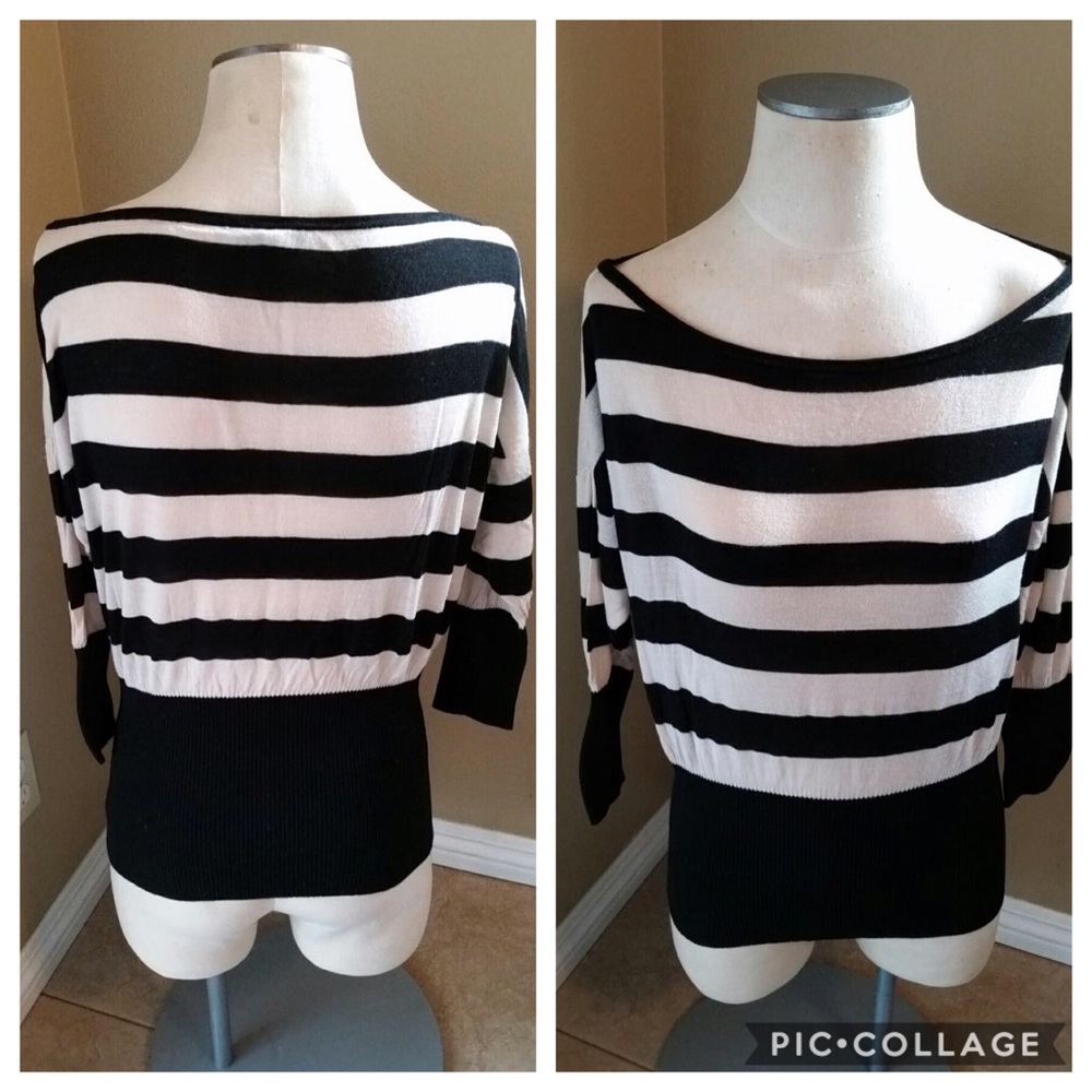 BEBE black/cream silk blend stripes sweaters